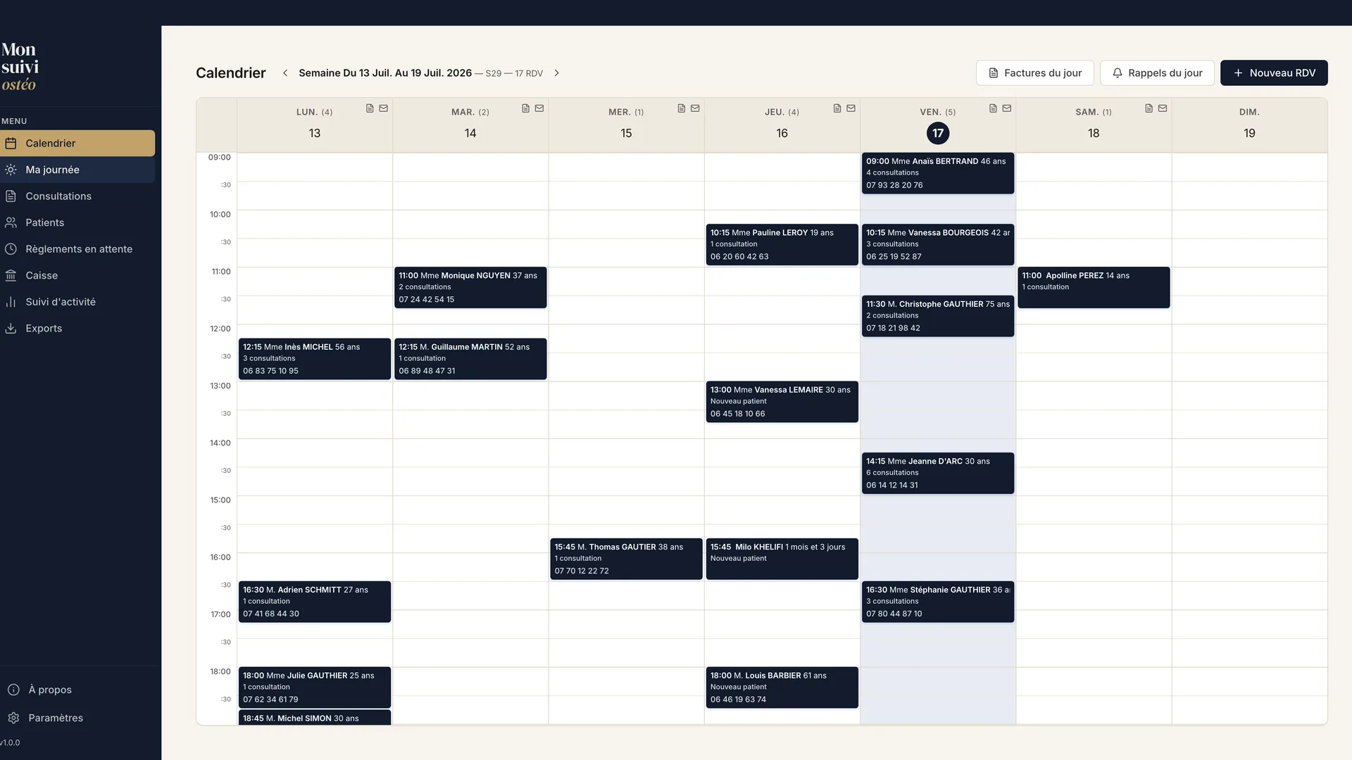 Vue agenda hebdomadaire du logiciel Mon suivi ostéo, rendez-vous patients sur la semaine