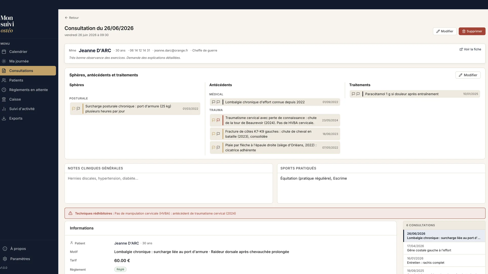Fiche consultation Mon suivi ostéo : informations patient, terrain, antécédents critiques et techniques rédhibitoires