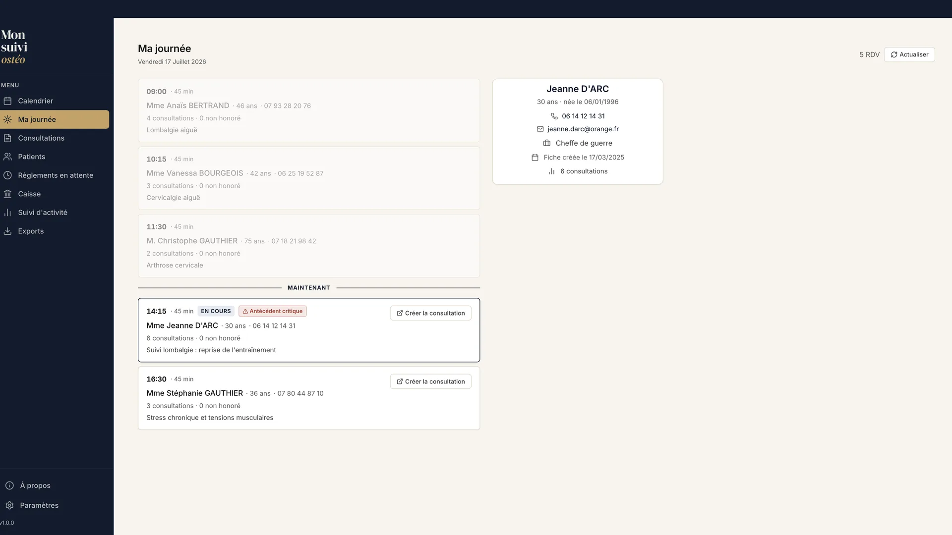 Vue Ma journée de Mon suivi ostéo : rendez-vous du jour et fiche patient affichée au survol